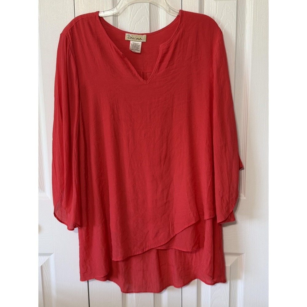Davina Top Womens XL Red Layered Lightweight Sheer 3/4 Sleeve Tunic Blouse